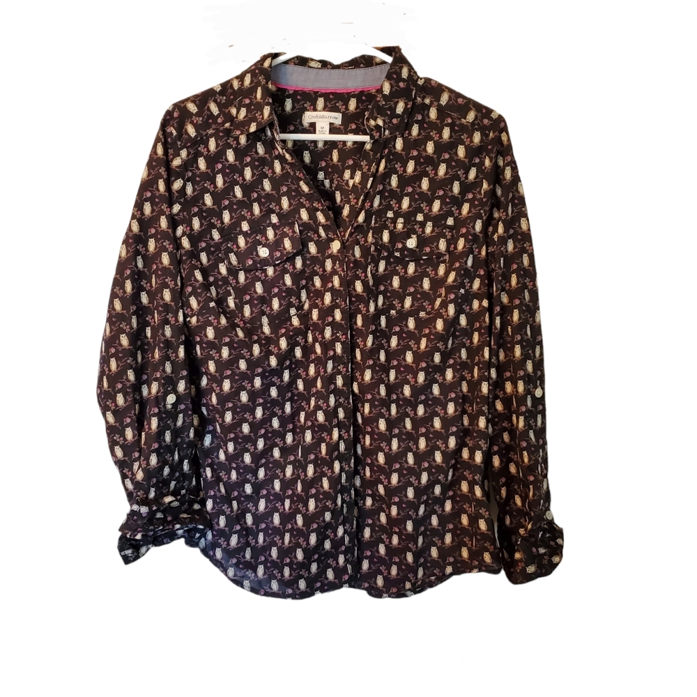 Croft & Barrow Size M  Owl Cotton Shirt Roll Tab Cuffs Pockets